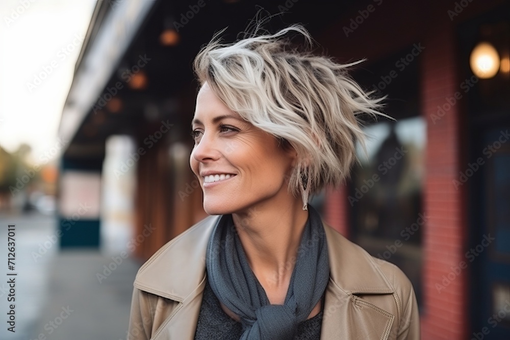 Portrait of a beautiful woman with short blond hair in the city