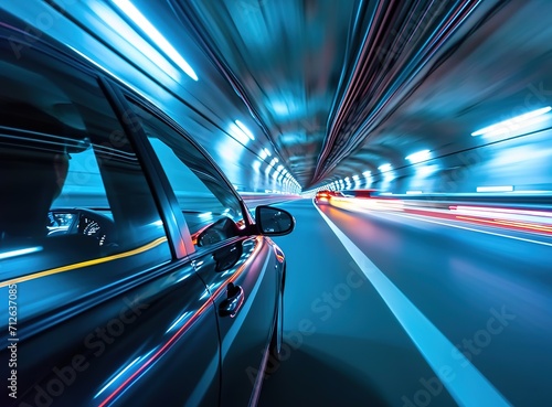 Car with high speed rides through tunnel with blurred image, side view of car, 3d rendering illustration Generative AI © Iaroslav Lazunov