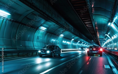 Cars driving through two way tunnel illuminated by lamps, evening travel illustration Generative AI