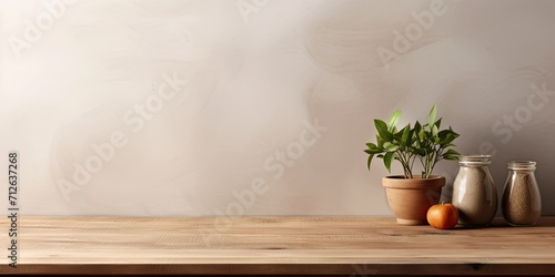 Ready for product or food display, a modern kitchen background featuring a wooden table.