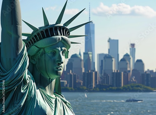 Close up of Statue of Liberty with World Trade Center background, American symbol of New York landmarks cityscape tourism concept Generative AI