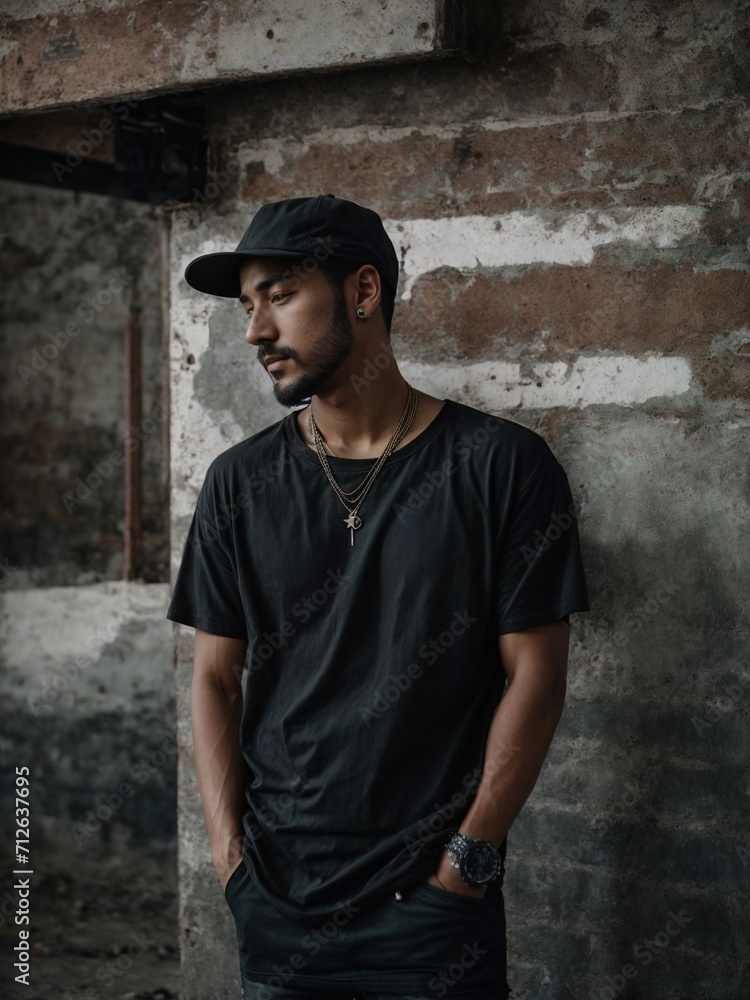 editorial style photograph of a model wearing an oversized blank black vintage distressed faded t-shirt in an old abandoned urban warehouse, shot on film, 16mm, grain, noise, photography, depth of fie editorial style photograph of a model wearing an oversized blank black vintage distressed faded t-shirt in an old abandoned urban warehouse, shot on film, 16mm, grain, noise, photography, depth of fie