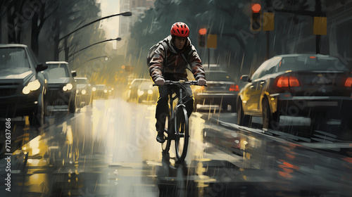 Bicyclist commutes on a rainy day