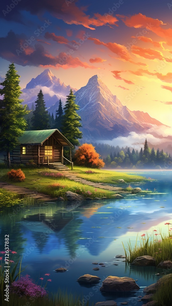 Serene mountain landscape during sunrise feature AI Generated pictures