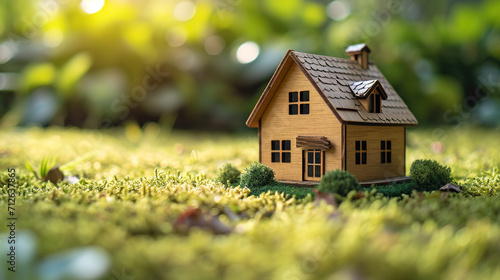 New home concept  wooden model of house on grass