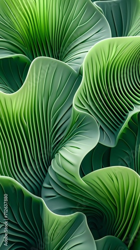 Artistic representation of lotus leaves in a close-up view, emphasizing their wavy contours and calming green hues.