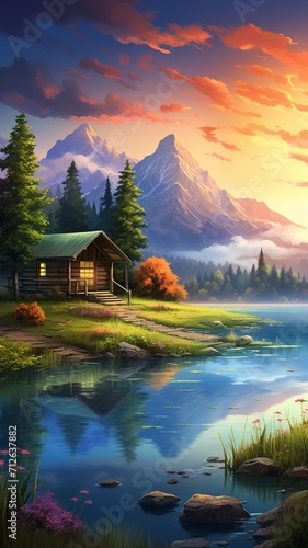 Serene mountain landscape during sunrise feature AI Generated pictures