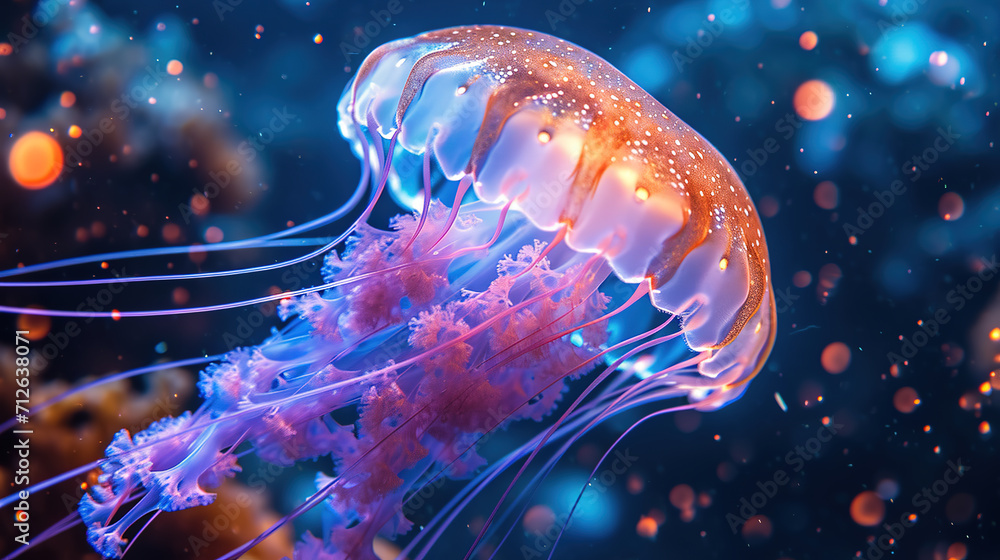 Vibrant jellyfish  with glowing tentacles - obrazy, fototapety, plakaty 