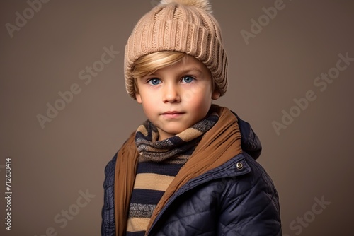 Portrait of a cute little boy in warm winter clothes. Studio shot.