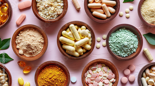 Dietary supplements for health and beauty, in pill and powder forms, vitamins, collagen, biotin	
