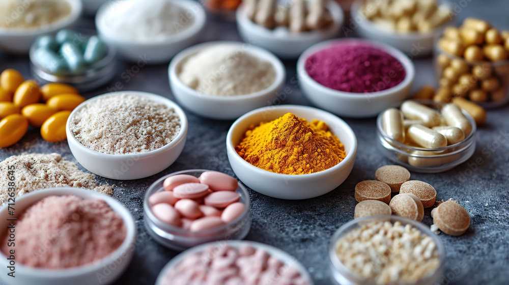 Dietary supplements for health and beauty, in pill and powder forms, vitamins, collagen, biotin Dietary supplements for health and beauty, in pill and powder forms, vitamins, collagen, biotin