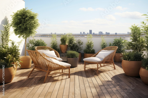 Cozy outdoor roof terrace with armchairs and potted plants