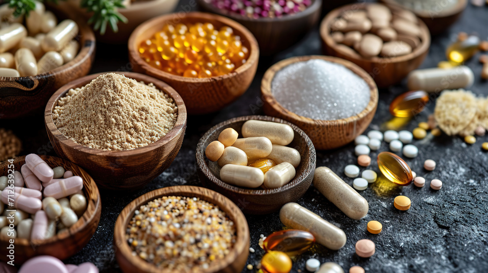 Dietary supplements for health and beauty, in pill and powder forms, vitamins, collagen, biotin Dietary supplements for health and beauty, in pill and powder forms, vitamins, collagen, biotin