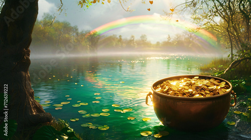 Irish Legend of rainbow and a leprechaun's pot of gold photo