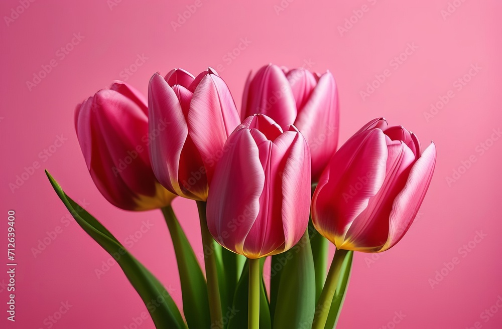 Fototapeta premium Pink tulips on the pink background. Valentines background. Beautiful Tulips flowers isolated on pink Background. Springtime flowers for Womens Day, Wedding, Birthday