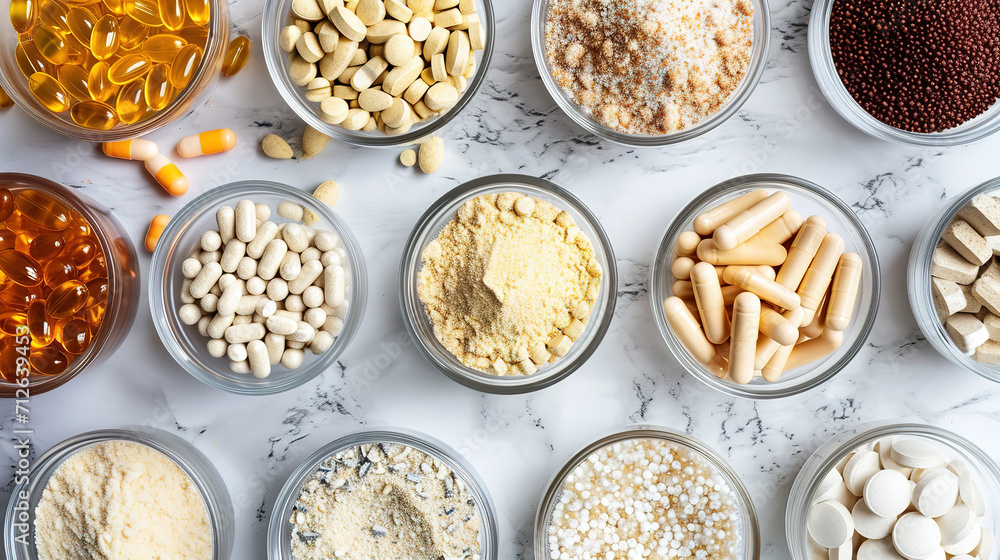 Dietary supplements for health and beauty, in pill and powder forms, vitamins, collagen, biotin Dietary supplements for health and beauty, in pill and powder forms, vitamins, collagen, biotin