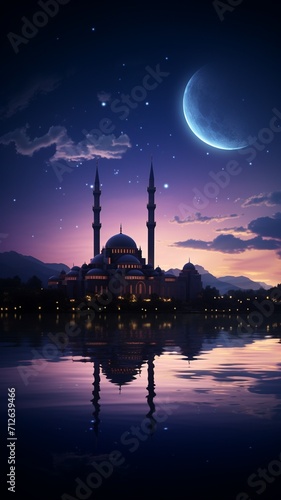 a serene moonlit night with a beautiful mosque silhouette against the peaceful sky. Capture the essence of tranquility and spirituality, incorporating subtle hues of blues and purples.