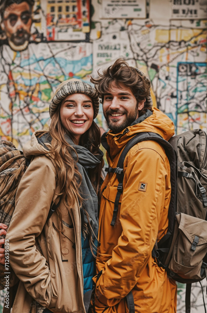 Naklejka premium Pareja de chicho y chica de viaje con mochilas ropa de otoño chubasqueros viajando por el mundo con mapa de fondo