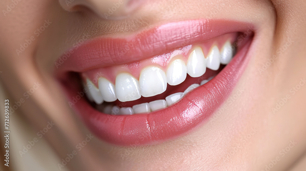 Healthy white teeth and pink gum of a woman, beautiful smile. Dental care concept
Healthy white teeth and pink gum of a woman, beautiful smile. Dental care concept