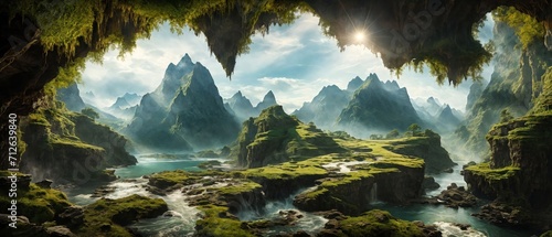 Beautiful fairytale landscape. Mountain Lake. Rocks in the haze. High mountains in the background.