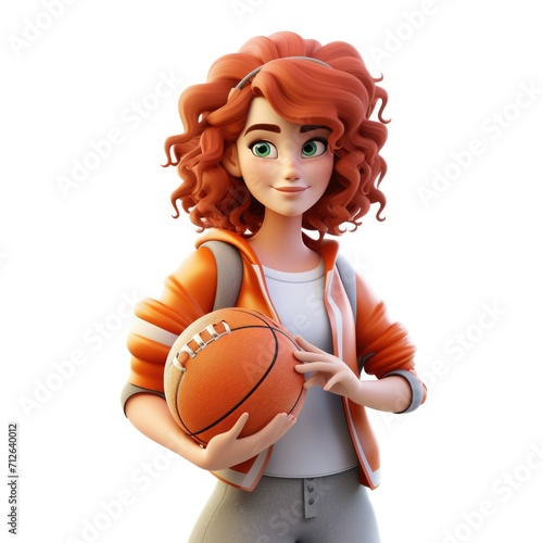 3d cartoon character girl woman with basketball. student, basketball player, athlete. © Al