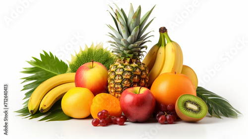 Isolated tropical fruit. Pineapple, banana, kiwi and mango isolated on white background with clipping path , Generate AI