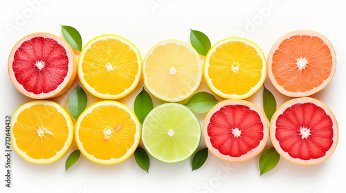 Isolated fruit part. Cut peach, pear, orange, apple, pineapple and kiwi in a row isolated on white background with clipping path , Generate AI