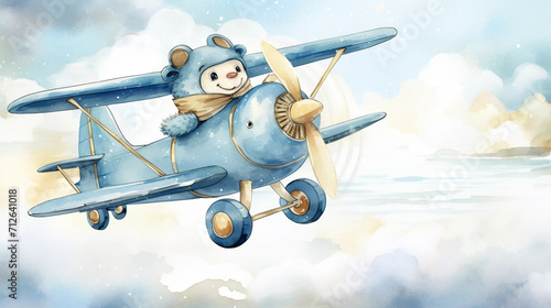 copy space, birthday card in watercolor style, pastel blue colors and golden glitters, sweet bear cub flying a vintage double-decker plane. Cute birth announcement card. Template voor birth cards, cut © Dirk