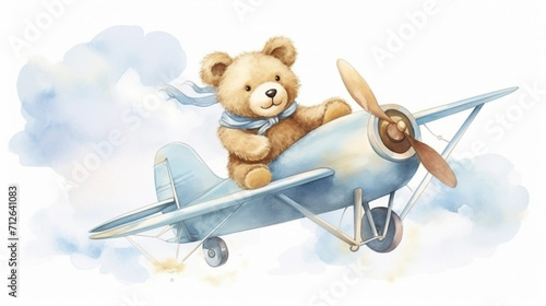 copy space, birthday card in watercolor style, pastel blue colors and golden glitters, sweet bear cub flying a vintage double-decker plane. Cute birth announcement card. Template voor birth cards, cut © Dirk