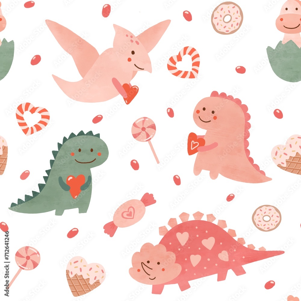 Obraz premium Pink love dinosaurs seamless pattern for Valentines day. Funny cartoon dino with sweets, candy, hearts repeat background, textile design, fabric for kids. . Hand drawn doodle design for baby girls.