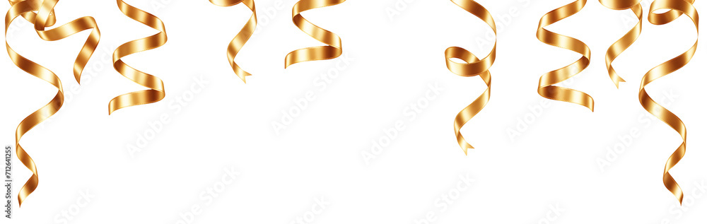 Conjunto de fitas douradas festivas enroladas em espiral penduradas no topo da imagem, isolados em fundo transparente. Conjunto de fitas douradas festivas enroladas em espiral penduradas no topo da imagem, isolados em fundo transparente.