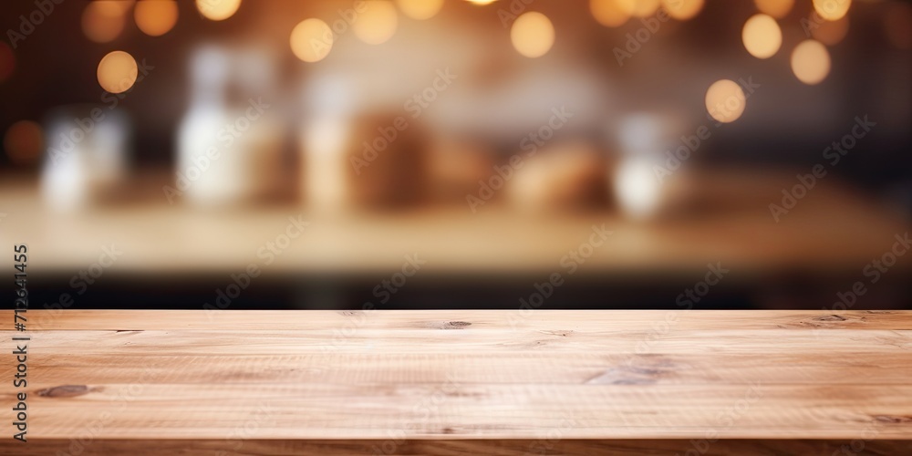 Wooden table top with blurred kitchen background for product display or design layout. Wooden table top with blurred kitchen background for product display or design layout.