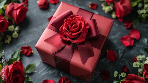 Top view of a beautifully wrapped cylindrical red gift box with a 3D bow  accompanied by vibrant red roses.  Cylindrical red gift box with 3D bow and red roses  elegant top view 3D