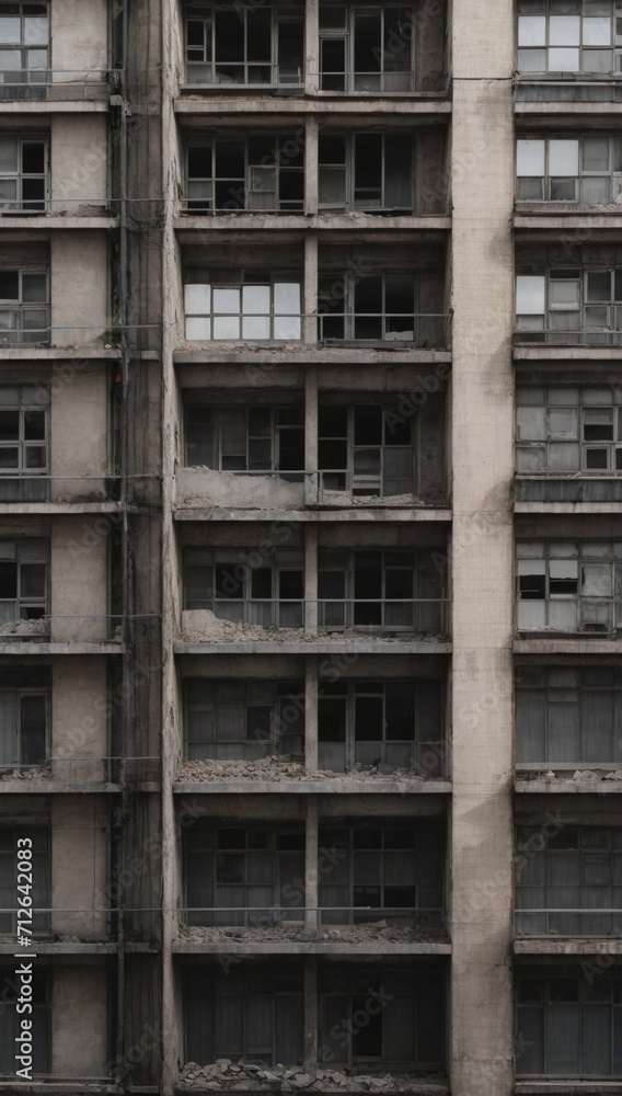 a close up of a dystopian urban city building wall, seamless tiling, symmetrical, crumbling, destroyed, depth of field, photo realistic, high resolution, highly detailed