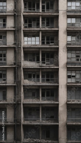 a close up of a dystopian urban city building wall, seamless tiling, symmetrical, crumbling, destroyed, depth of field, photo realistic, high resolution, highly detailed