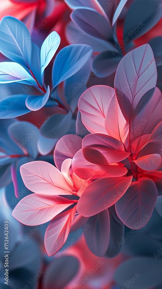 Red petals glow alongside calming blue leaves, a visual symphony that softly caresses with rhythmic beauty.