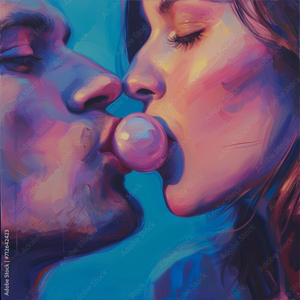 Drawing of two young people kissing through a bubble gum