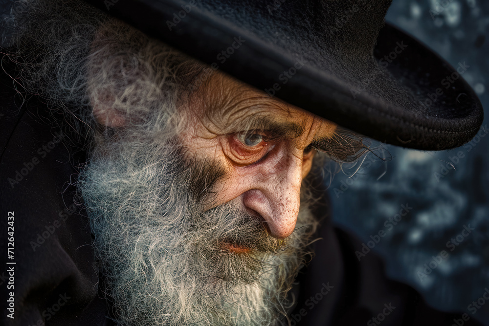 Portrait of a pensive elderly man in a black hat, an old Jew with a long beard, caring for elderly lonely people Portrait of a pensive elderly man in a black hat, an old Jew with a long beard, caring for elderly lonely people