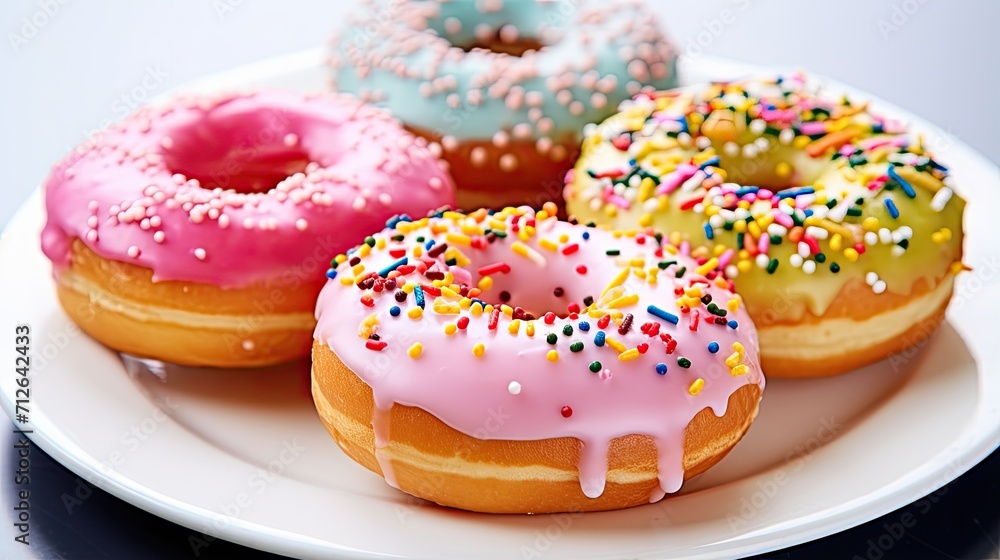 Yummy doughnuts covered with colorful glaze and sprinkles lie in a plate. Sweet for breakfast. Illustration for card, poster, cover, brochure, advertising, marketing or presentation. Yummy doughnuts covered with colorful glaze and sprinkles lie in a plate. Sweet for breakfast. Illustration for card, poster, cover, brochure, advertising, marketing or presentation.