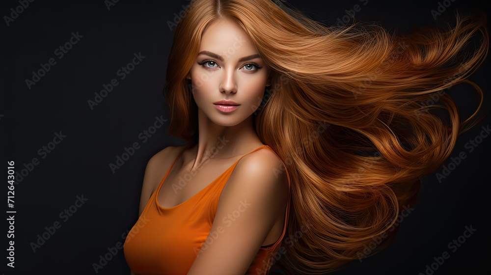 Beautiful female face with powerful silky hair and chic hairstyle done in a beauty salon. Perfect image of a beautiful red-haired woman with developing hair. Illustration for beauty magazine. Beautiful female face with powerful silky hair and chic hairstyle done in a beauty salon. Perfect image of a beautiful red-haired woman with developing hair. Illustration for beauty magazine.