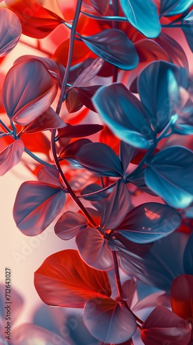 Warm crimson petals meet cool azure leaves, a dance of calming rhythms and fluid forms that softly soothe the senses.