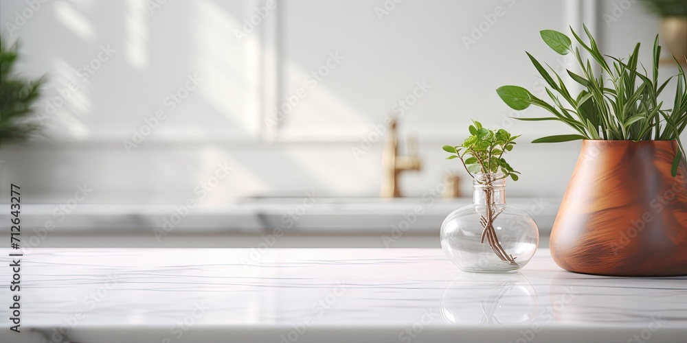 Using a blurred white kitchen background, choose to highlight a marble table top for product display or design layout.
