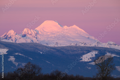 Evening light creates a purple hue in the sky above volcanic Mount Baker in the Cascade Mountains Range