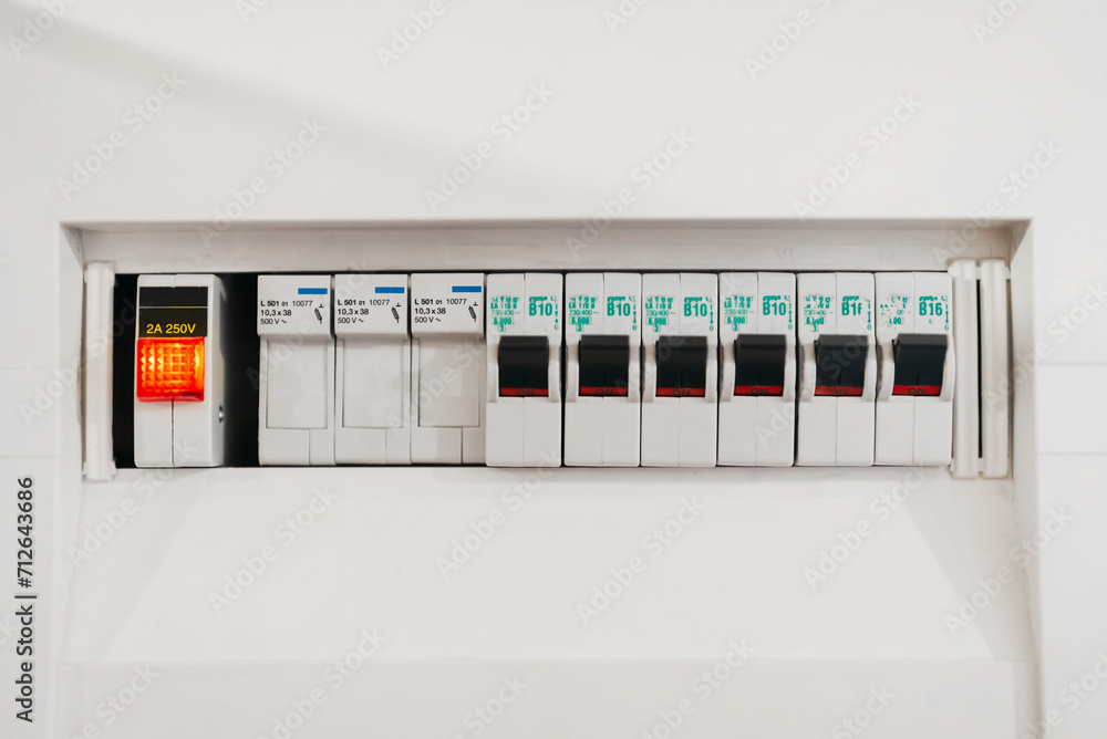 Close-up view of switches on fuse board. Close-up view of switches on fuse board.