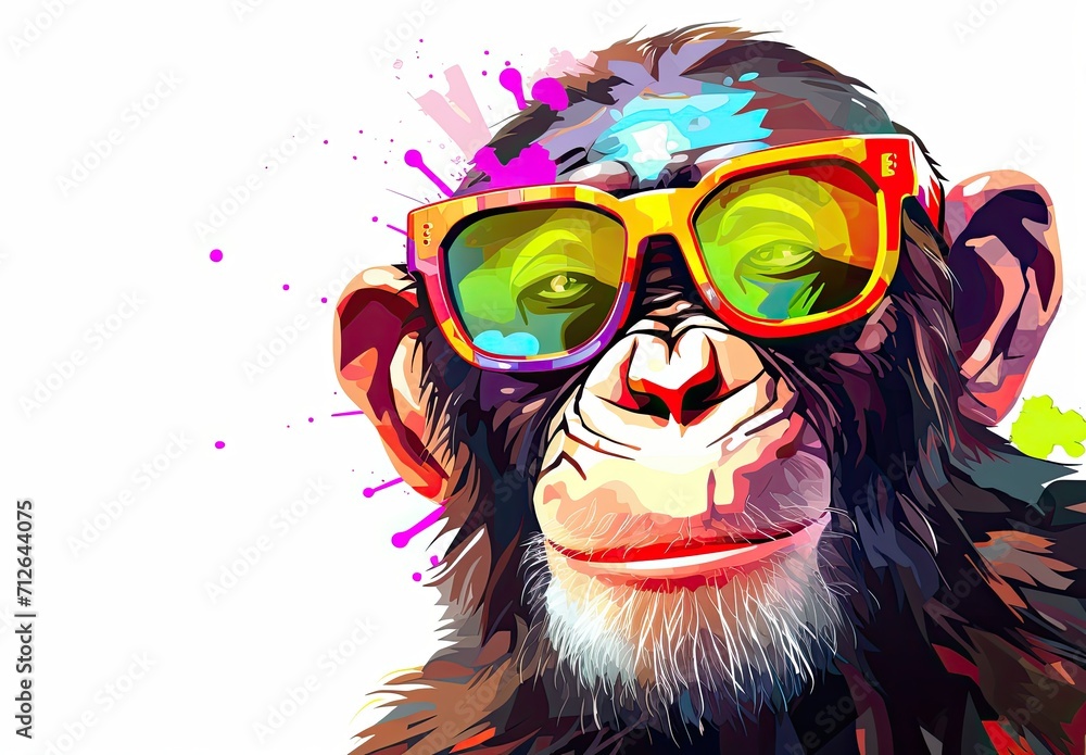 Cartoon colorful monkey with sunglasses on black background. Neon portrait of a chimpanzee in the style of pop art. Digital art. Printable design for t-shirt, bag, postcard, case and other products.