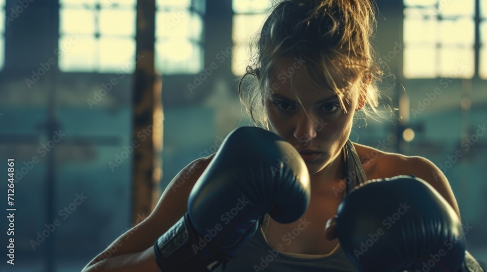 Intense Female Fighter Practicing in Moody Gym Lighting