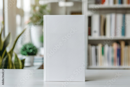 Blank book cover template standing on wooden surface againts blue blurred background with book shelfs. Front view of magazine mockup photo