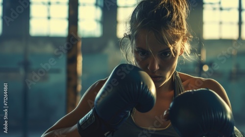 Intense Female Fighter Practicing in Moody Gym Lighting © romanets_v