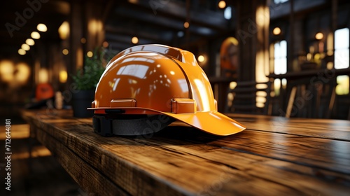 Orange hard hat on a wooden table photo