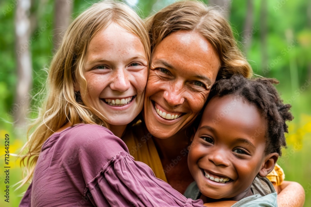 A joyful family moment with a mother embracing her diverse children, smiling together outdoors surrounded by nature. A joyful family moment with a mother embracing her diverse children, smiling together outdoors surrounded by nature.